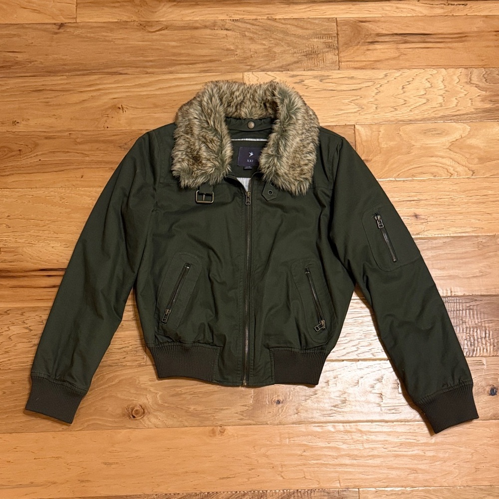 Women's Green Bomber Jacket with Faux Fur Collar
